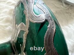 Antique Beautiful Emerald Green Art Nouveau Silver Overlay Perfume Bottle