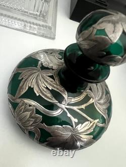 Antique Beautiful Emerald Green Art Nouveau Silver Overlay Perfume Bottle