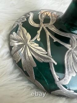 Antique Beautiful Emerald Green Art Nouveau Silver Overlay Perfume Bottle
