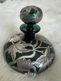 Antique Beautiful Emerald Green Art Nouveau Silver Overlay Perfume Bottle