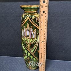 Antique Bohemian Art Nouveau Emerald Green Gold Gilt Purple Blown Glass Vase 11