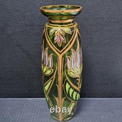 Antique Bohemian Art Nouveau Emerald Green Gold Gilt Purple Blown Glass Vase 11