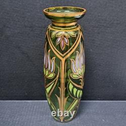 Antique Bohemian Art Nouveau Emerald Green Gold Gilt Purple Blown Glass Vase 11
