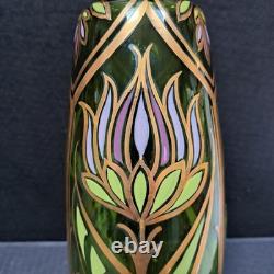 Antique Bohemian Art Nouveau Emerald Green Gold Gilt Purple Blown Glass Vase 11