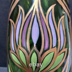 Antique Bohemian Art Nouveau Emerald Green Gold Gilt Purple Blown Glass Vase 11