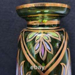 Antique Bohemian Art Nouveau Emerald Green Gold Gilt Purple Blown Glass Vase 11