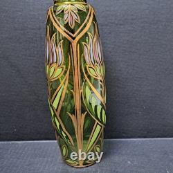 Antique Bohemian Art Nouveau Emerald Green Gold Gilt Purple Blown Glass Vase 11