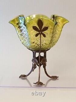 Antique Bohemian Epergne Vase W Brass/bronze Mount. Stunning Iridescence