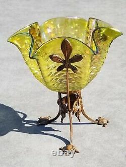 Antique Bohemian Epergne Vase W Brass/bronze Mount. Stunning Iridescence