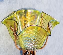 Antique Bohemian Epergne Vase W Brass/bronze Mount. Stunning Iridescence