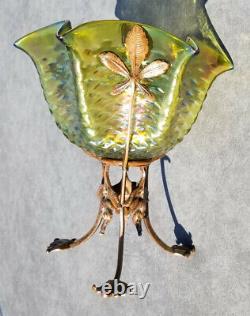 Antique Bohemian Epergne Vase W Brass/bronze Mount. Stunning Iridescence