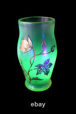 Antique Bohemian F. Heckert uranium glass enamel vase c 1895