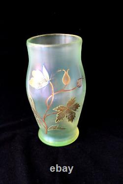 Antique Bohemian F. Heckert uranium glass enamel vase c 1895