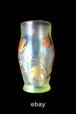 Antique Bohemian F. Heckert uranium glass enamel vase c 1895