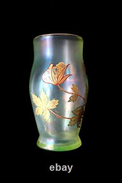 Antique Bohemian F. Heckert uranium glass enamel vase c 1895