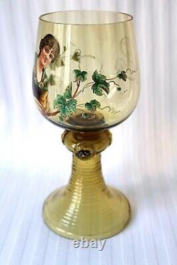 Antique Bohemian Fritz Heckert large Art Glass enamel roemer c 1880, signed