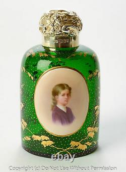 Antique Bohemian Glass Perfume Bottle Silver Mount & Hand Painted Portrait