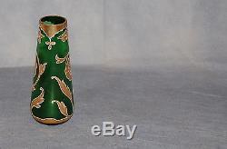 Antique Bohemian Green Satin Frosted Glass Moser Gilt Art Nouveau Flower Vase