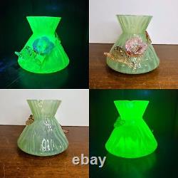 Antique Bohemian Harrach Uranium Glass Vase Applied Glass Opalescent Green