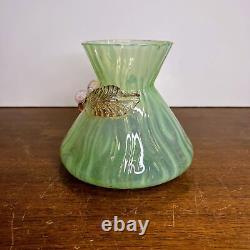 Antique Bohemian Harrach Uranium Glass Vase Applied Glass Opalescent Green