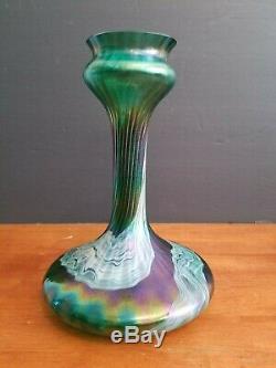 Antique Bohemian Loetz Glass Kralik Rindskopf Green Iridescent Vase 10 3/8 Euc