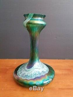 Antique Bohemian Loetz Glass Kralik Rindskopf Green Iridescent Vase 10 3/8 Euc