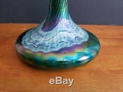 Antique Bohemian Loetz Glass Kralik Rindskopf Green Iridescent Vase 10 3/8 Euc