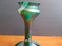 Antique Bohemian Loetz Glass Kralik Rindskopf Green Iridescent Vase 10 3/8 Euc