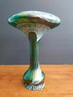 Antique Bohemian Loetz Glass Kralik Rindskopf Green Iridescent Vase 10 3/8 Euc