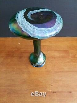 Antique Bohemian Loetz Glass Kralik Rindskopf Green Iridescent Vase 10 3/8 Euc