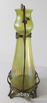 Antique Bohemian Loetz Green Iridescent Art Nouveau Glass Vase with Mounts