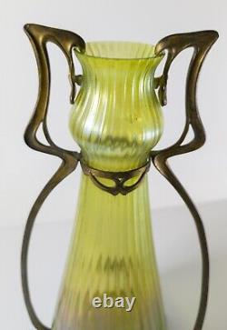 Antique Bohemian Loetz Green Iridescent Art Nouveau Glass Vase with Mounts
