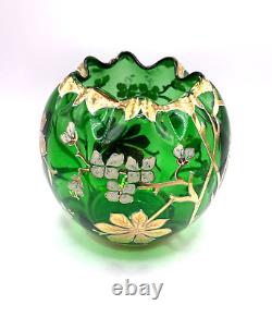 Antique Bohemian MOSER Enamel Green & Gold Floral Glass Vase Numbered 108/384