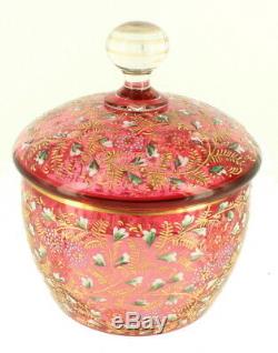 Antique Bohemian Moser Cranberry Glass 3 Pc Condiment Jar LID Under-plate Enamel