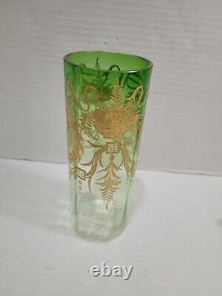 Antique Bohemian Moser Glass Vase Green Engraved Gold Czech C. 1915