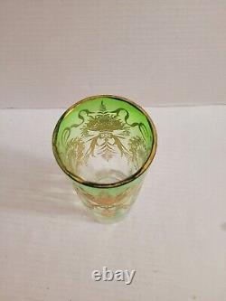 Antique Bohemian Moser Glass Vase Green Engraved Gold Czech C. 1915