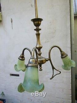 Antique Brass Art Nouveau Style 3 Arm Ceiling Light Green Lily Glass Shades