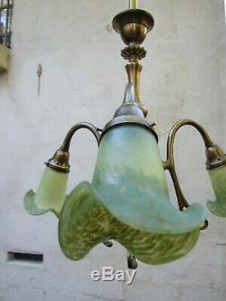Antique Brass Art Nouveau Style 3 Arm Ceiling Light Green Lily Glass Shades