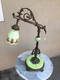 Antique Bridge Arm Lamp Green Slag Glass Base Green Custard Art Glass Shade