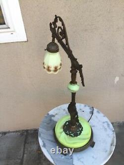 Antique Bridge Arm Lamp Green Slag Glass Base Green Custard Art Glass Shade