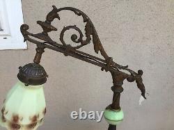 Antique Bridge Arm Lamp Green Slag Glass Base Green Custard Art Glass Shade