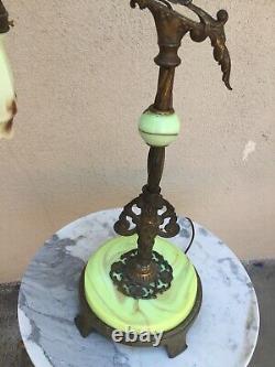 Antique Bridge Arm Lamp Green Slag Glass Base Green Custard Art Glass Shade