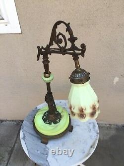 Antique Bridge Arm Lamp Green Slag Glass Base Green Custard Art Glass Shade