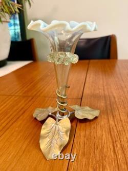 Antique C1915 Art Nouveau Vaseline Uranium glass & leaf base Pulpit vase Epergne