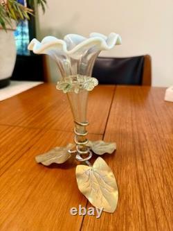 Antique C1915 Art Nouveau Vaseline Uranium glass & leaf base Pulpit vase Epergne