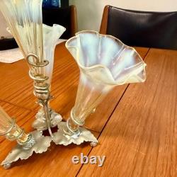 Antique C. 1915 Art Nouveau Vaseline Uranium glass & leaf base EPNS Epergne