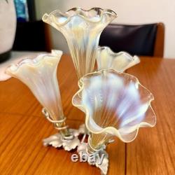 Antique C. 1915 Art Nouveau Vaseline Uranium glass & leaf base EPNS Epergne