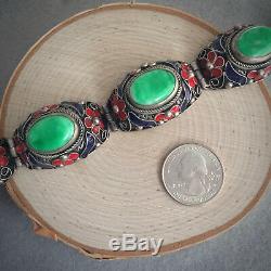 Antique Chinese Non Export Mottled Green Jade and Enamel Silver Bracelet