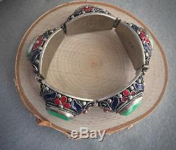Antique Chinese Non Export Mottled Green Jade and Enamel Silver Bracelet