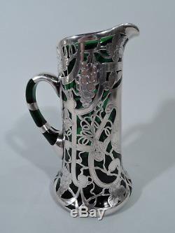 Antique Claret Jug Art Nouveau Decanter Emerald Green Glass & Silver Overlay